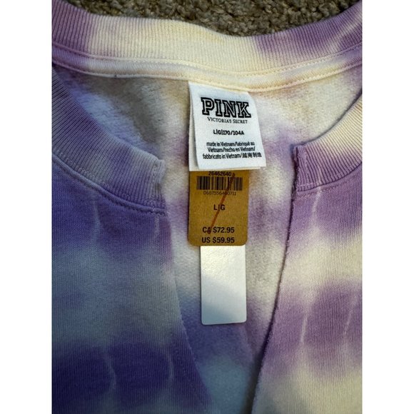 New Victoria Secret PINK Sweatshirt Tie Dye Purple White Sz LG Crewneck Spellout - Picture 6 of 8